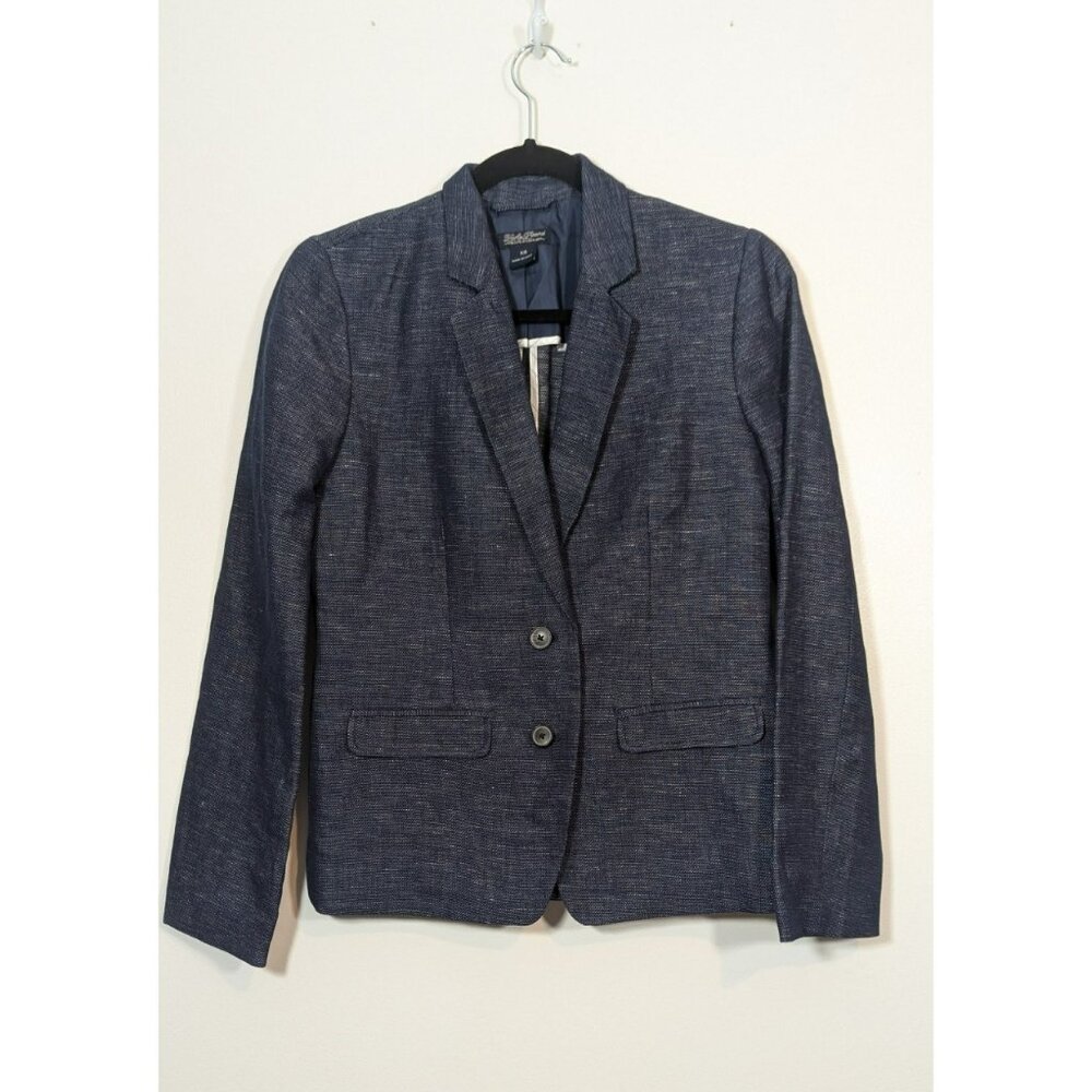 Lucky Brand Blazer Womens XS Navy Blue‎ Textured Two Button Linen Blend Jacket